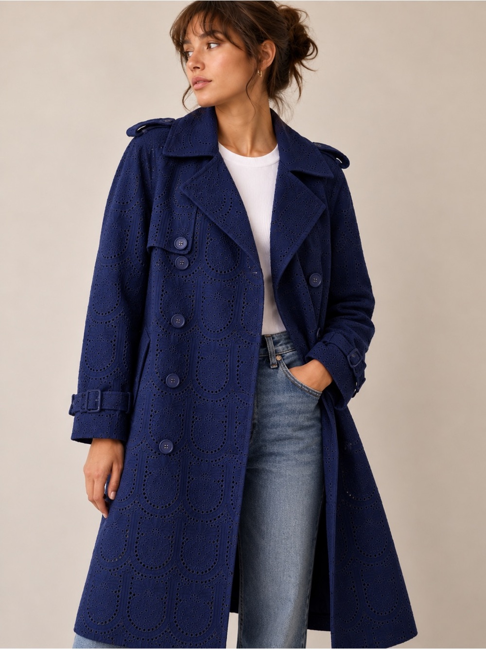 FARM RIO Eyelet Cotton Double-Breasted Trench Coat